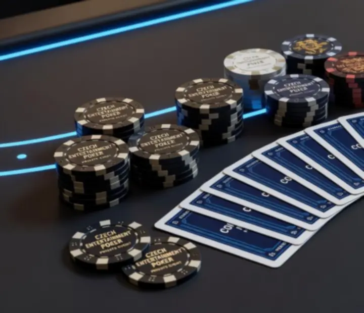 Detail elegantních žetonů na tmavém blackjackovém stole