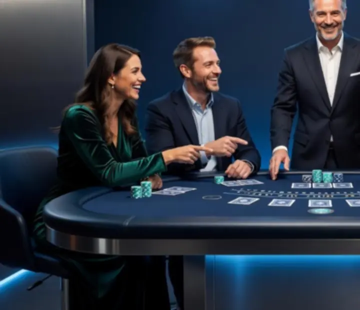 Blackjackový stůl obklopený hosty v elegantní večerní atmosféře