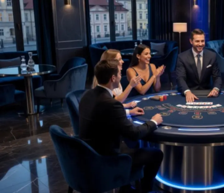 Hosté u blackjackového stolu v dramatickém modrém světle