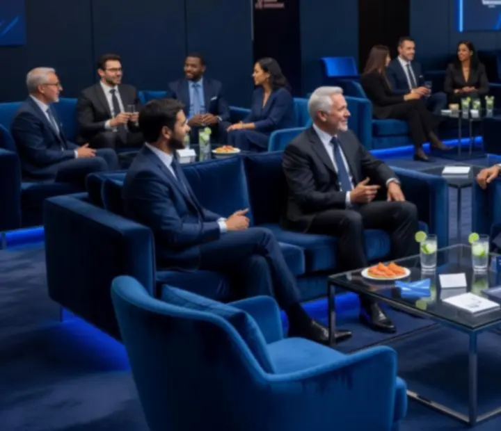 Lounge zóna s pohodlným sezením a ambientním osvětlením pro firemní hosty