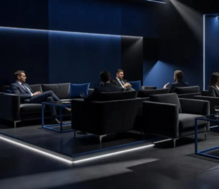 Luxusní lounge atmosféra s temně modrým nasvícením