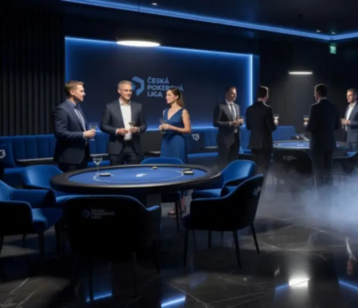 Dramatické nasvícení a VIP lounge zóna na pokerovém eventu