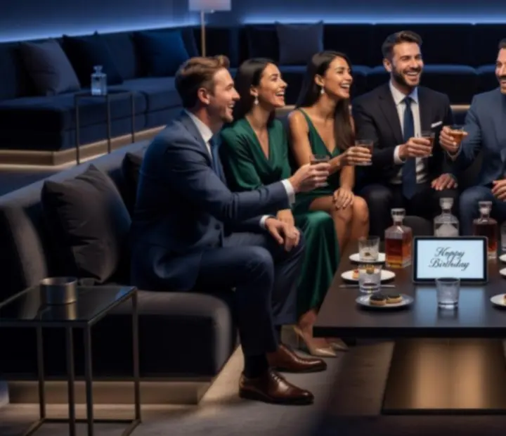 Skupina hostů na soukromé oslavě v elegantním večerním prostředí