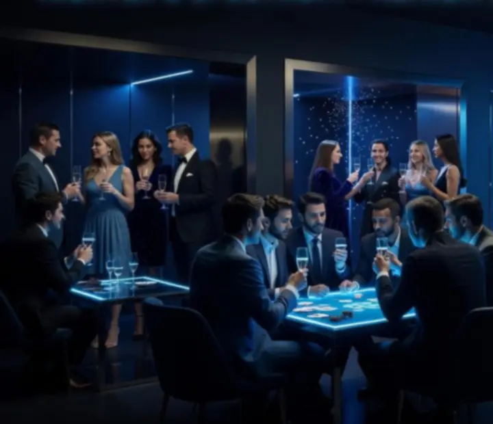 Elegantně nasvícený lounge s hosty u tematických stolů